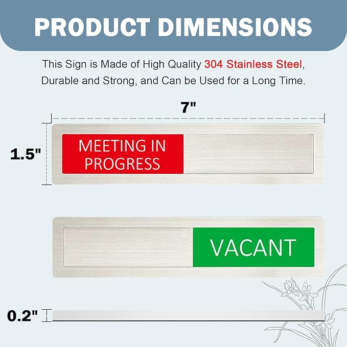 Vacant Meeting in Progress Privacy Sign,Vacant Occupied Sign for Home Office Hotles Hospital Conference Room,Slider Door sign Tells Whether Room Vacant or Occupied,7'' x 1.5'' - Stainless Steel,Silver