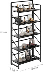 JSB No Assembly Folding Bookshelf, 5 Tier Industrial Metal Book Shelf for Storage, Vintage Wood Foldable Bookcase for Living Room, Bedroom, Office Organization Shelves