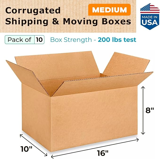 Medium Moving & Shipping Boxes 16x10x8 inches (10-Pack) - Extra Strength 200 lb vs Regular - Corrugated Cardboard Boxes Moving - Medium Moving Box for USPS, FedEx - Carton Box by IDL Packaging