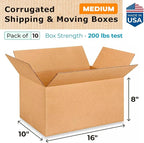 Medium Moving & Shipping Boxes 16x10x8 inches (10-Pack) - Extra Strength 200 lb vs Regular - Corrugated Cardboard Boxes Moving - Medium Moving Box for USPS, FedEx - Carton Box by IDL Packaging