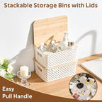 AntStep 8 Pack Plastic Storage Bins with Bamboo Lids - Stackable Storage Baskets with Handle for Pantry Organizer and Storage, Plastic Containers Bins Lidded Storage Bins for Classroom Office Shelves