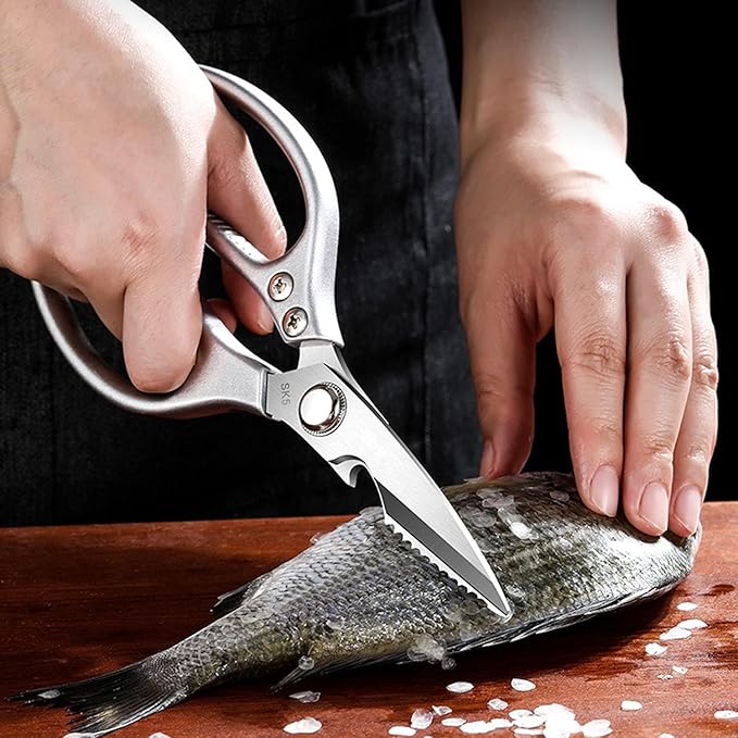 Kitchen Scissors All purpose, Have duty Stainless Steel Cooking Shears for Cutting Meat,Chicken, Poultry, Fish, Herbs, Seafood Scissors with Comfort Grip siver