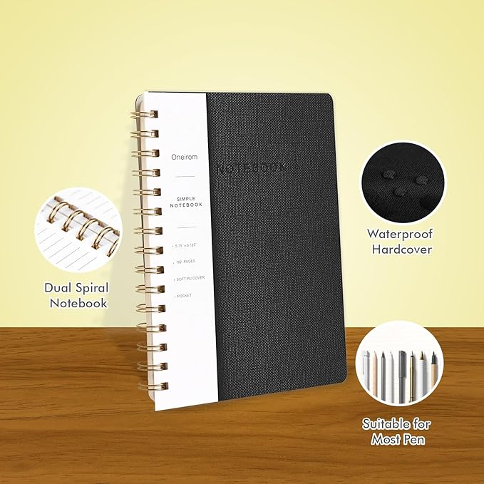 Spiral Notebook-5.75" x 8.125" College Ruled Journal with Inner Pockets and 160 Pages,PU Leather Cover Business Journal, Twin-Wire Binding Notebook Perfect for Office & Home School Supplies 6 pack Black