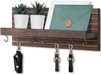 Lwenki Decorative Key Holder for Wall with Shelf, Entryway Shelf with Hooks Holds Leashes, Jackets and Glasses – Sturdy Wood Keyholder Entrance Hanger with Mounting Hardware (Brown, Large)