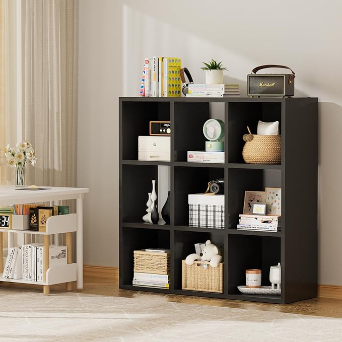 COMHOMA 9 Wood Cube Storage Organizer with Open Back and Removable Back Panels, 11In Black Cube Storage Bookshelf, Cubicle Shelf Bookcase for Home Office Bedroom Living Room, Vertical or Horizontal