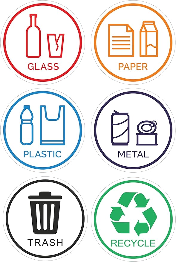 6 Pack 6" Glass, Paper, Plastic, Metal, Trash, Recycle Sign Stickers - Self-Adhesive Vinyl Decal Recycle Logos - Eco-Friendly Trash Can Signs - 6" - Indoor & Outdoor Use - Waterproof & UV Protected