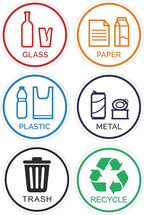 6 Pack 6" Glass, Paper, Plastic, Metal, Trash, Recycle Sign Stickers - Self-Adhesive Vinyl Decal Recycle Logos - Eco-Friendly Trash Can Signs - 6" - Indoor & Outdoor Use - Waterproof & UV Protected
