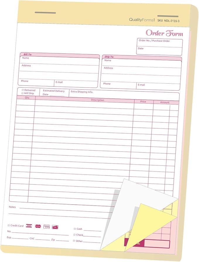 NextDayLabels - Carbonless NCR Order Forms, Bound Wraparound Cover, White/Canary & Pink, 50 Sets per Book. (8-1/2 x 11" - 3 Part)