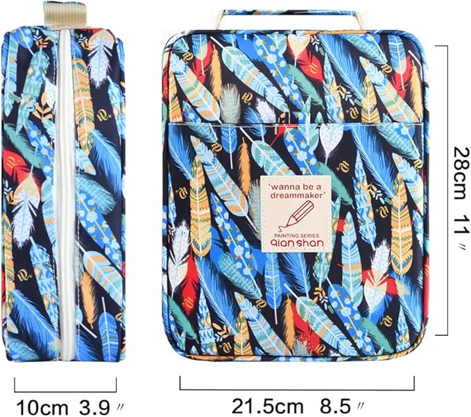 qianshan Pencil Case Holder Slot - Holds 202 Colored Pencils or 136 Gel Pens with Zipper Closure - Large Capacity Pen Organizer for Watercolor Pens or Markers - Perfect for Artist.Blue Feathers