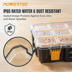 POWERTEC Small Parts Organizer & Tool Box – 10 Compartments, IP65 Water & Dust Protection, Stackable Storage with Interlocking Latch, Removable Tray, Clear Lid, Portable Design (72365)