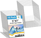 Acrylic Sign Holder 5x7 Inches, 16 Pack Clear Plastic Table Paper Display Stand, L-Shape Vertical Menu Holder Stand, Clear Picture Photo Flyer Display Stand for Restaurants, Store Show, Office Desktop