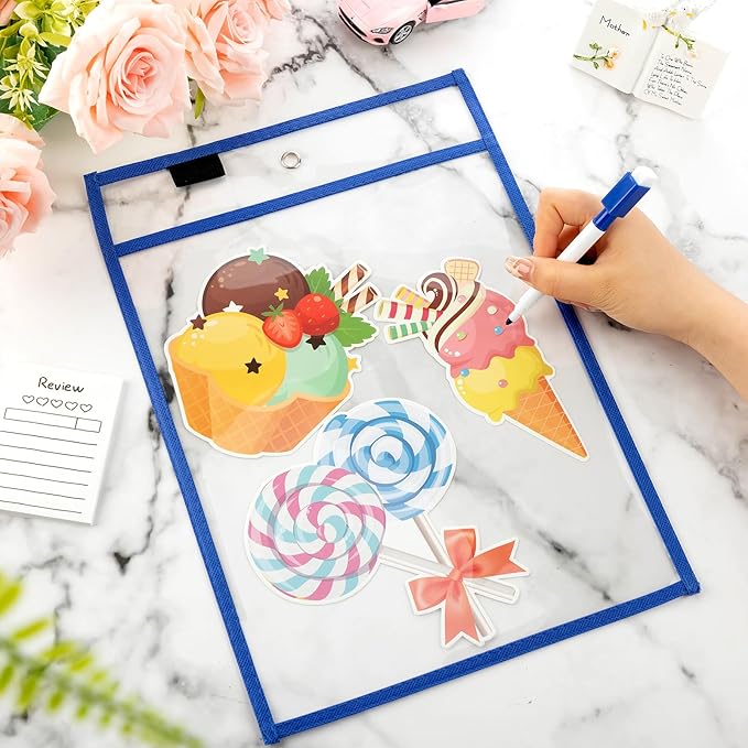 Seajan 120 Pcs Clear Dry Erase Pockets Plastic Sleeves for Paper 14 x 10 Inch Reusable Job Holder Shop Ticket Holders Order Pockets Organizer Teacher Supplies for Classroom (Blue)