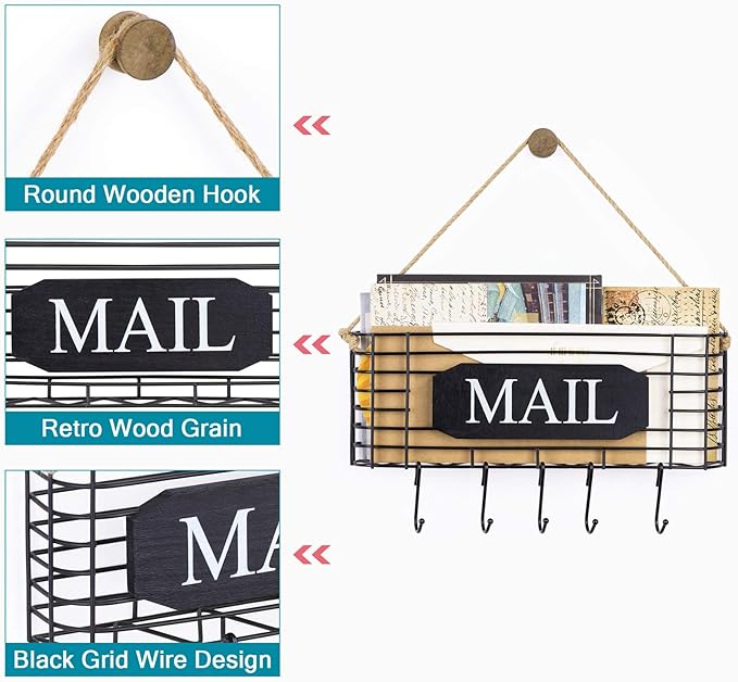 SRIWATANA Rustic Mail Key Holder, Mail Organizer Wall Mount with 5 Hooks Large, Black