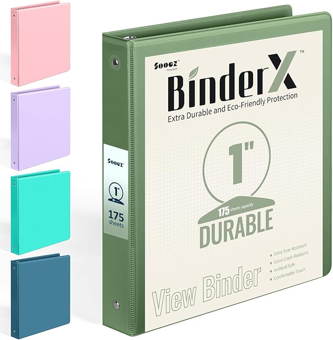BinderX Extra Durable 3 Ring Binder, Round Rings 1 Inch Binder, Fits 175 Sheets of 8.5x11 Paper, Customizable View Cover with Inside Pockets, Cute 1" Binders, 1 Inch Binders 3 Ring, Olive Green