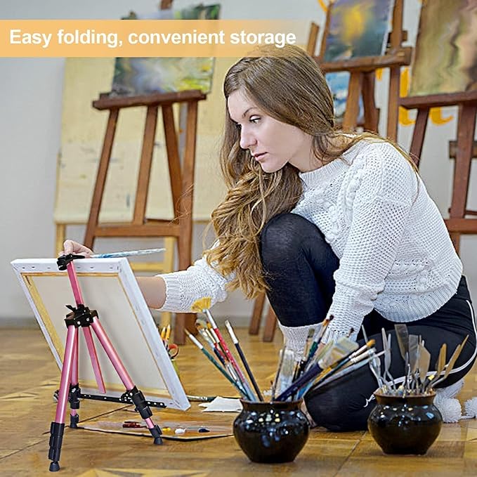 RRFTOK Artist Art Painting Easel Stand, Aluminum Metal Adjustable Easel for Painting Canvases Height from 17 to 66 Inch,Carry Bag for Table-Top/Floor Drawing,Painting and Displaying(2pack,Pink)