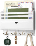 Rebee Vision Decorative Mail Organizer Wall Mount - Modern Key and Mail Holder for Wall with Drawer Organizer and 7 Key Hooks - Wall Decor Living Room for Apartment Essentials (White)