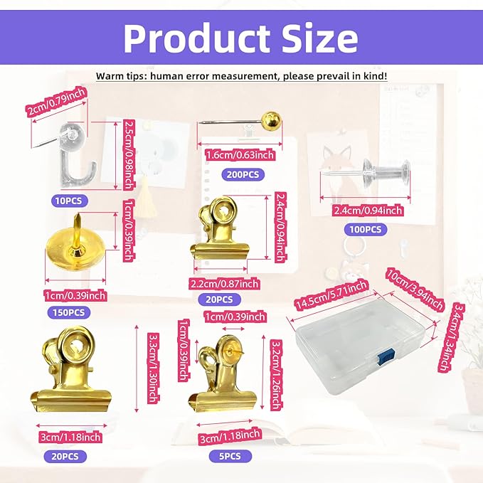 505 Pcs Push Pins Set 5 Style Thumb Tacks Decorative Push Pins Gold Metal Thumb Tacks for Cork Board Map Office Accessories with Metal Binder Paper Clips