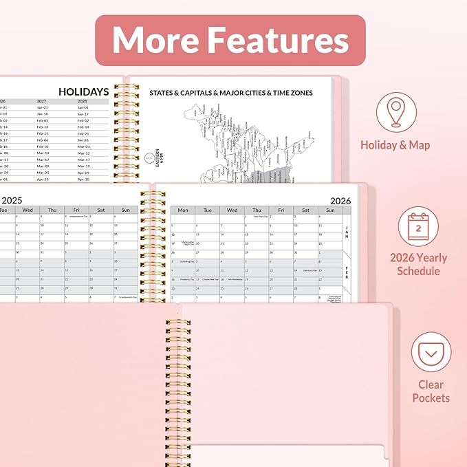 SUNEE 2026 Weekly and Monthly Planner - from January 2026 - December 2026, Daily Agenda Planner with Monthly Tab, Flexible Cover, Note Pages, Pockets, Bookmark, Spiral Binding, Pink, 6.4" x 8.3"