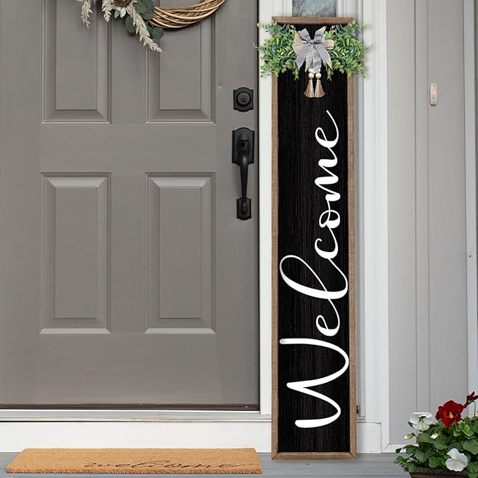 LuZhiQiang Front Porch for Welcome Standing Sign 45"X9" Vertical Tall Long Leaner Wood Framed Outdoor Front Door Sign Decor (Wood Black)