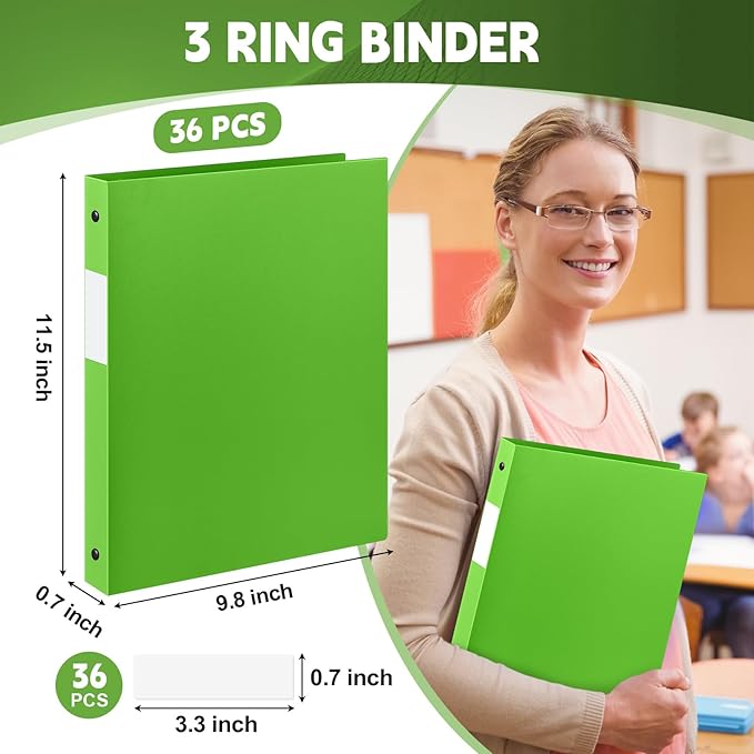 Henoyso 36 Pcs 3 Ring Binder 0.5 Inch Round Fits Letter Size 8.5'' x 11'' Paper Plastic Flexible Binder Bulk Holds 140 Sheets with 1 Pockets Versatile Organizer for Home Office School (Tender Green)