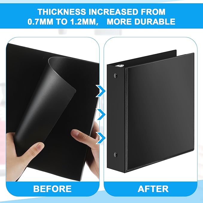 Henoyso 12 Pcs 3 Ring 1 Inch Binders Fits 8.5 x 11 Inch Letter Size Paper, Plastic Black Flexible Binders with View Cover and 2 Pockets, 175 Sheets Capacity for Office School