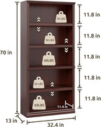 Bevfint Bookshelf, Open Storage 70 Inch Tall 5 Shelf Bookcase, Floor Standing Bookshelves and Bookcases, Book case for Farmhouse Library Office Bedroom Kids, Mahogany - 5 Tier