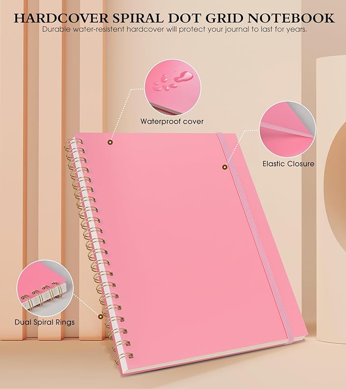 UEBZFOCS Dotted Notebook, Spiral Notebook Journal 8.5” x 11”, A4 Large Dot Grid Notebooks for Women Men, 100 GSM Dotted Paper, Plastic Hardcover Spiral Bullet Journals for Work School Sketching, Pink