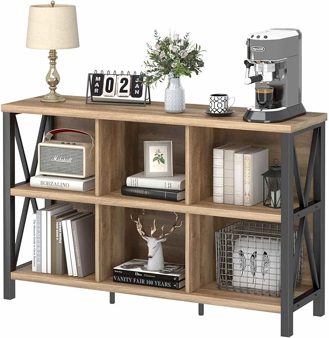 FATORRI 6 Cube Storage Organizer with Shelf, Long Wood and Metal Cubby Bookcase, Industrial Horizontal Bookshelf (Rustic Oak, 47 Inch) | with Shelf, Long, Horizontal Bookshelf
