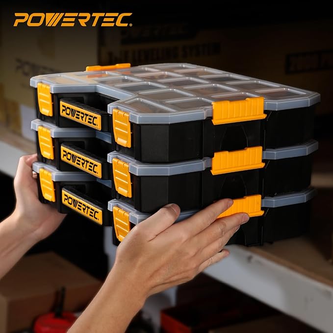 POWERTEC Stackable Tool Box Organizer with Removable Dividers - 17 Compartments, Interlocking, Portable Design, 2-Pack (72118-P2)