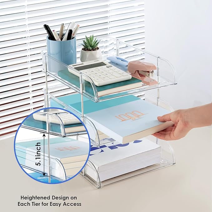 Noger Desk Organizers and Storage, 3 Tier Clear Heightened Stackable Paper Tray Organizer for Document, Letter, A4 File Paper, Desk Accessories, Office Supplies (Clear, 3 Pack)