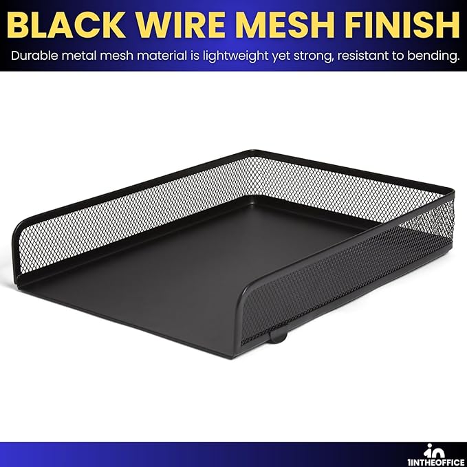 1InTheOffice Letter Trays for Desk Stackable, Front-Load Mesh Desk Tray Organizer, Black, 2 Pack