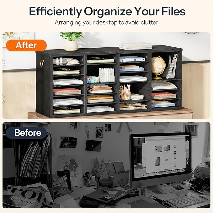 HOOBRO Literature Organizers, 24 Compartments Office Mailbox with Adjustable Shelves, Wood Countertop Literature Sorter for Office, Home, Classroom, Mailrooms Organization Black BK64WF01