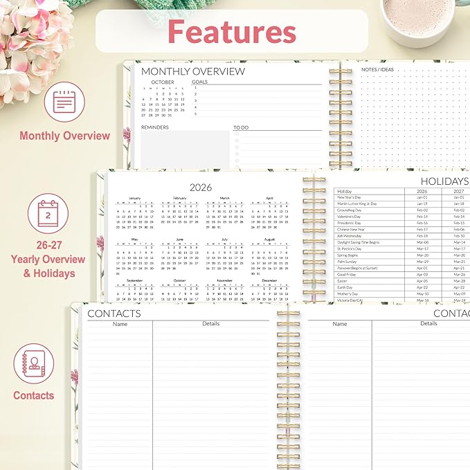 SUNEE 2026-2027 Planner - 24 Months (Jan 2026 - Dec 2027) - 7"x10" Monthly Spreads & Yearly Planner, Wildflowers