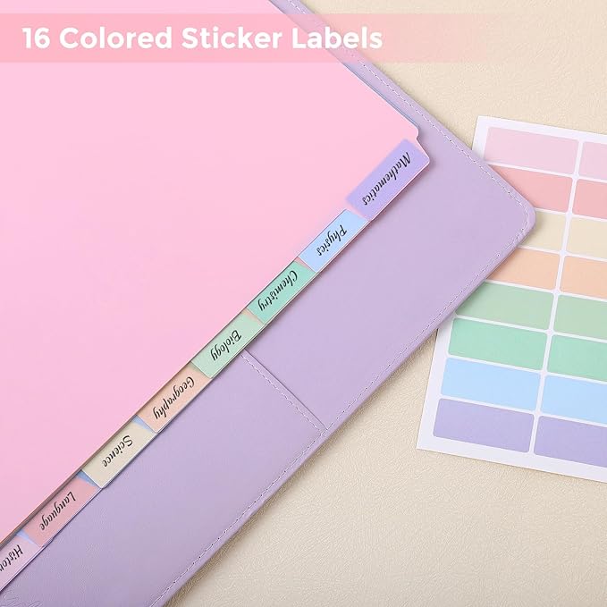 SKYDUE 8 Tab Durable Plastic Dividers,2Sets, Big Tab Dividers for 3 Ring Binder, Write&Erase 3 Ring Binder Dividers with Tabs, with Sticker Labels, Long-Lasting Plastic Pastels Binder Dividers
