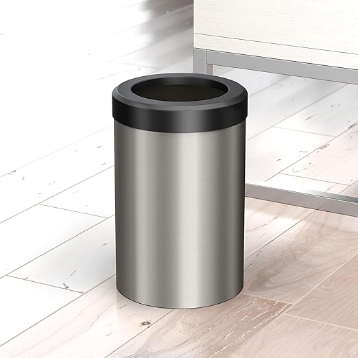 Gatco 1911MX Modern Round Waste Basket, Satin Nickel and Matte Black Combo / 11.88" H x 7.63" Dia Open Top Stainless Steel Trash Can with Removable Lid, 11 Liter Capacity