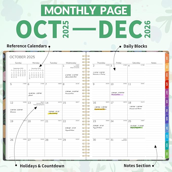 GNL 2026 Planner, Weekly and Monthly Planner (January - December 2026), 8.5" x 11" Monthly Agenda Planner with Waterproof Flexible Cover, Spiral Binding Notebook with Tab, Pockets, Bookmark, Flower