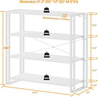 HCHQHS Bookshelf, 4-Tier Industrial Bookcase, White Open Book Shelf, Freestanding Tall Bookshelves with Metal Frame