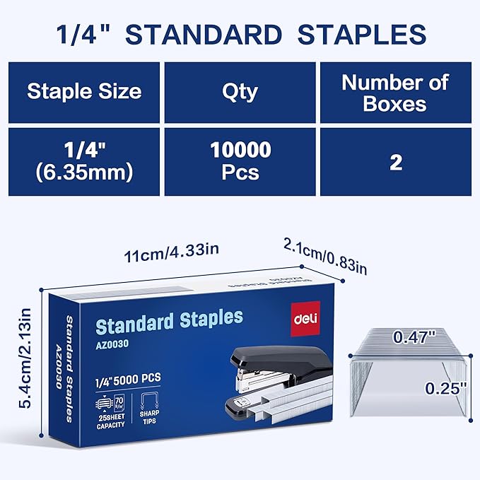 Deli Staples, 10000 Staples, Standard Staple for Desktop Staplers, 1/4'' Length, 210/Strip, 2 Boxes of 5000 Each