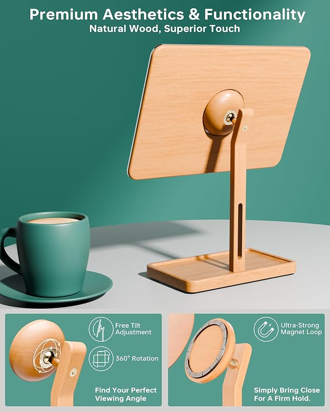 YEOUX Premium Desktop Glass Mirror, Dry Erase Board & Magnetic Phone Stand 3-in-1 | 360° Adjustable | Solid Wood | Compatible with Magsafe, Small Whiteboard for Office Home Desk
