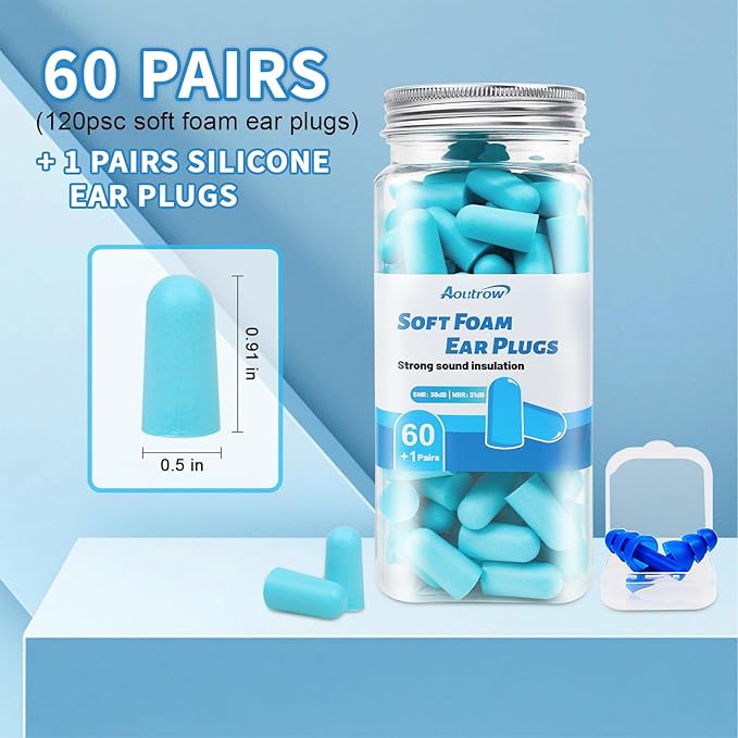 Aoutrow 60 Pairs Soft Foam Ear Plugs, 38dB SNR Slow Rebound Ear Plugs for Sleeping Noise Cancelling, Noise Reduction, Work, Swimming, Shooting, Studying, Blue