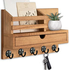 Lucundm Key Holder Wall Mount, Mail Holder with Storage Drawer and 5 Key Hooks for Coat, Dog Leash, Home Decor Rack, House Accessories, Entry Way Organizer (Wood)