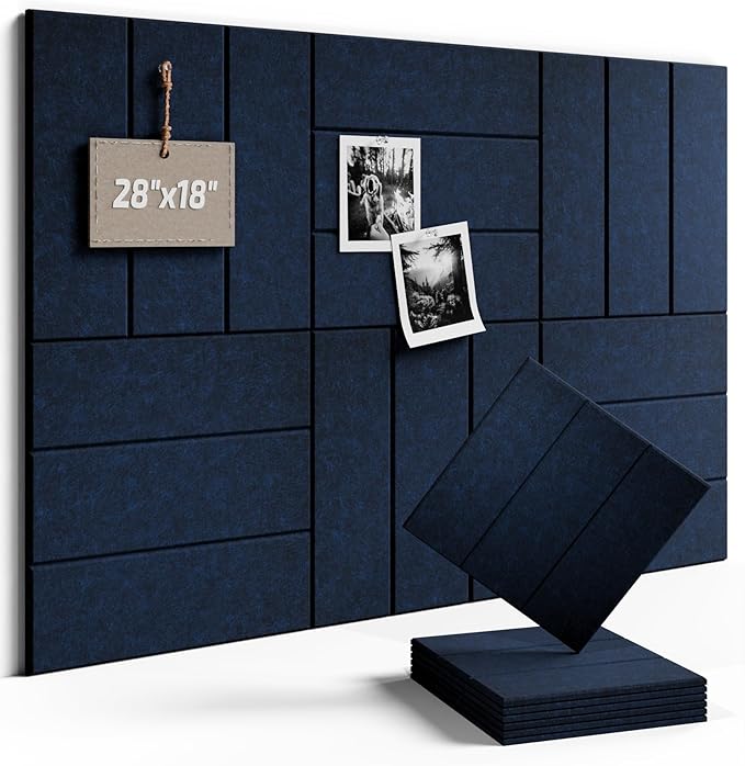 Fluxynara Felt Bulletin Board Tiles -28"x18" with 40 Adhesive Tabs, Cork Board Alternative for Office Decor, Push Pin Board Wall Organizer 6-Pack (Carbon Blue)