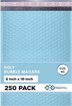 Light Blue Small Poly Bubble Mailers 6x10 inch #0 | Self Seal Padded Envelopes | Cushioned Bubble Mailer | Usable Size 6x9 | WaterProof | Lightweight mailing Shipping Bags | 250 Pack Bulk