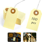 SallyFashion 100 PCS Pricing Tags with String, Blank Labeling Tag with Reinforced Hole and Metal Wire, Manila Hang Tabs for Luggage Clothing Sale Supplies Equipment Parts, Gift Tags(2 3/4" x 1 3/8")