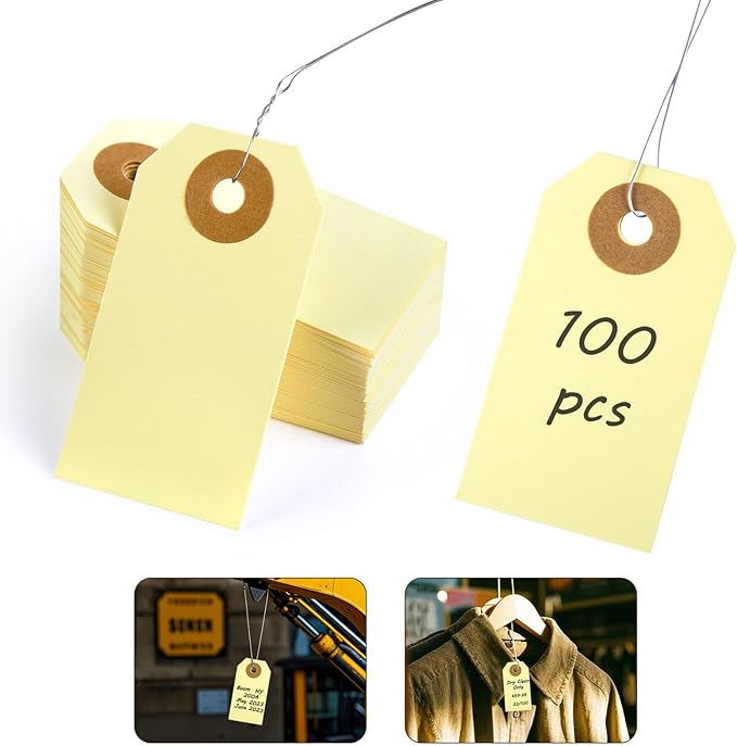 SallyFashion 100 PCS Pricing Tags with String, Blank Labeling Tag with Reinforced Hole and Metal Wire, Manila Hang Tabs for Luggage Clothing Sale Supplies Equipment Parts, Gift Tags(2 3/4" x 1 3/8")