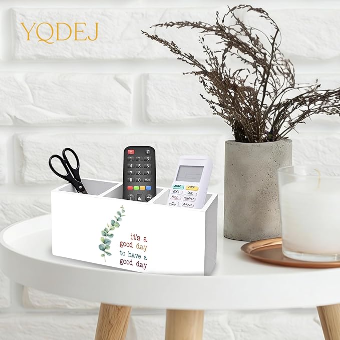 YQDEJ Motivational Eucalyptus Leaves Pen Holder for Desk Accessories, It's a Good Day to Have a Good Day Inspirational Wooden Box Sign Desk Pencil Holder Organizer for Home Office Decoration