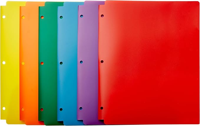 Amazon Basics Plastic 3 Hole Punch Folders with 2 Pockets, 8.5 x 11 inches, Pack of 6, Assorted Color