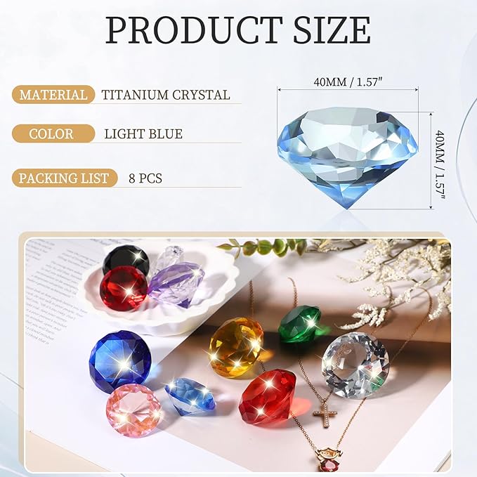 PATIKIL 8 Pcs Diamond Crystal Paperweight, 40mm / 1.57 Inch Crystal Paperweight Paper Weight for Home Office Desktop Table Decor Wedding Party Jewelry Ornaments, Light Blue