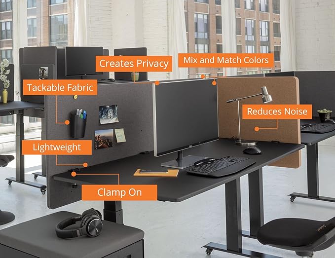 Stand Up Desk Store ReFocus Clamp-on Acoustic Desk Divider Privacy Panel That Reduces Noise and Visual Distractions (Cool Gray, 59" X 23.6")