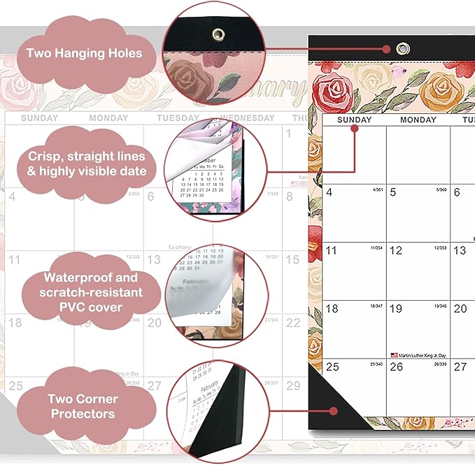 Desk Calendar 2026, With 2 sticker, 18 Month Calendar Running to June 2027-17" x 12" Desktop/Wall Monthly Calendar for Homes, School/Office(Watercolor flowers)